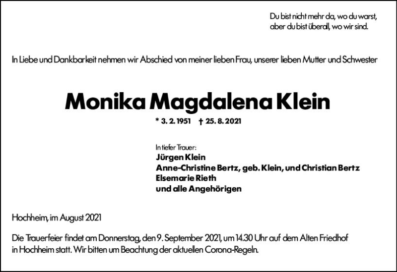  Traueranzeige für Monika Magdalena Klein vom 04.09.2021 aus vrm-trauer
