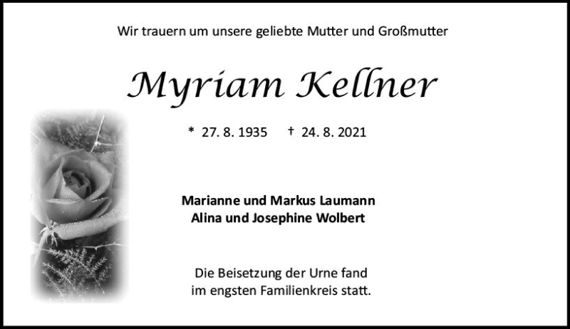  Traueranzeige für Myriam Kellner vom 11.09.2021 aus vrm-trauer