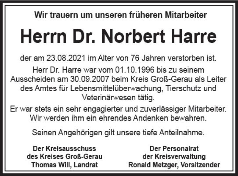  Traueranzeige für Norbert Harre vom 11.09.2021 aus vrm-trauer