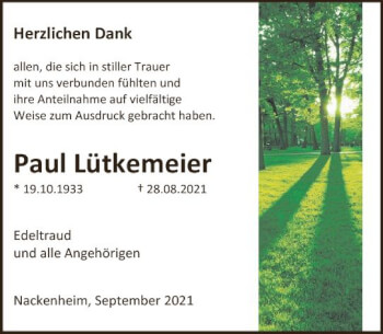 Traueranzeige von Paul Lütkemeier von vrm-trauer