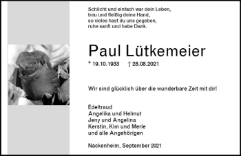 Traueranzeige von Paul Lütkemeier von vrm-trauer