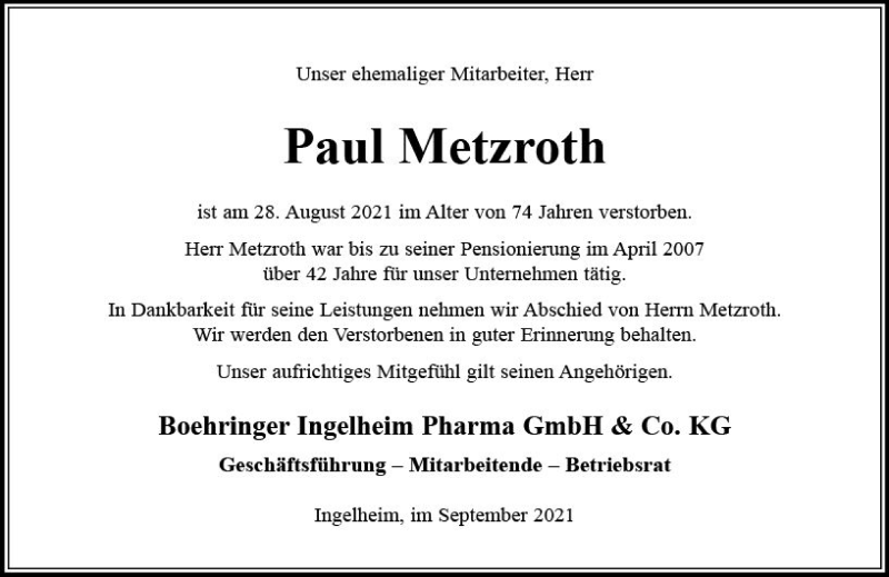  Traueranzeige für Paul Metzroth vom 22.09.2021 aus vrm-trauer