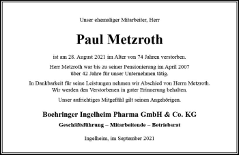 Traueranzeige von Paul Metzroth von vrm-trauer