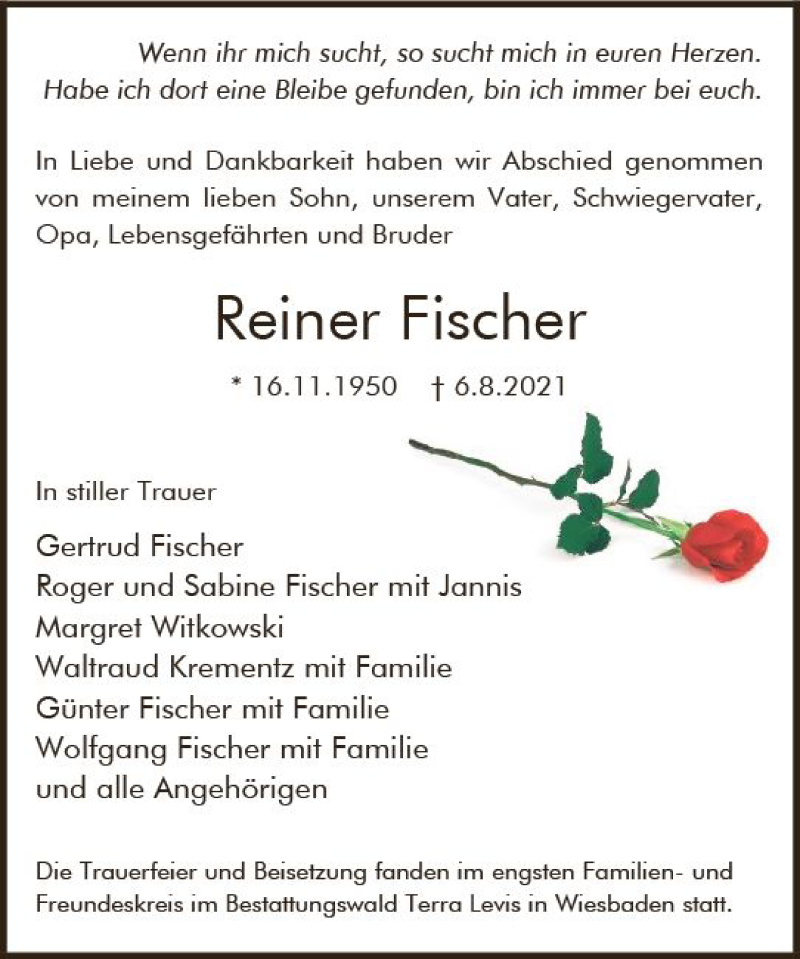  Traueranzeige für Reiner Fischer vom 04.09.2021 aus vrm-trauer
