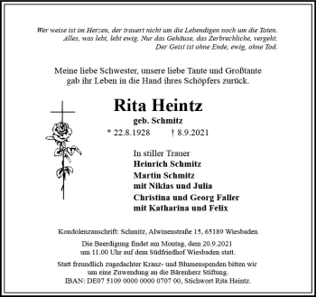 Traueranzeige von Rita Heintz von vrm-trauer