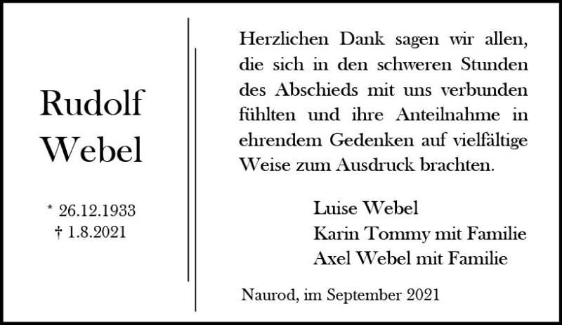  Traueranzeige für Rudolf Webel vom 11.09.2021 aus vrm-trauer