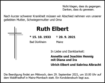 Traueranzeige von Ruth Elbert von vrm-trauer