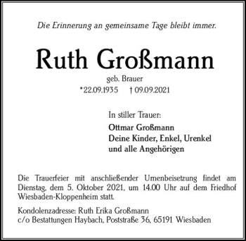 Traueranzeige von Ruth Großmann von vrm-trauer