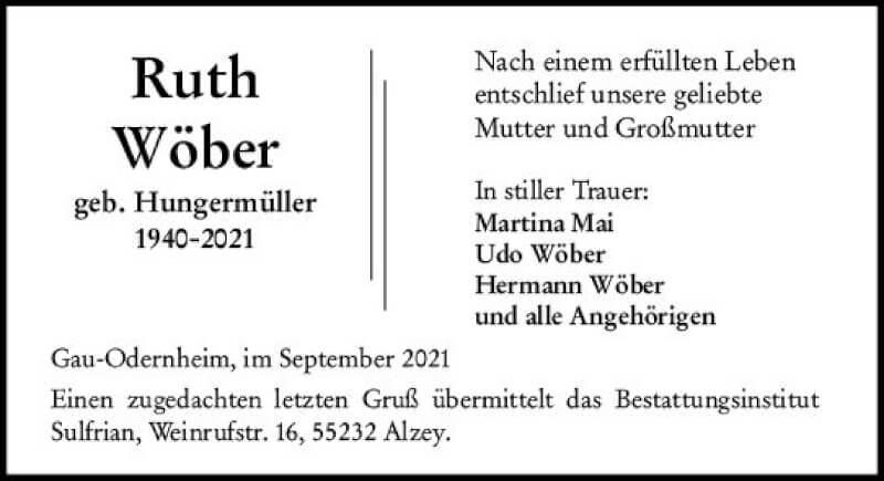  Traueranzeige für Ruth Wöber vom 18.09.2021 aus vrm-trauer