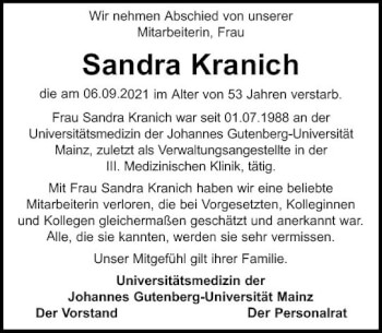 Traueranzeige von Sandra Kranich von vrm-trauer
