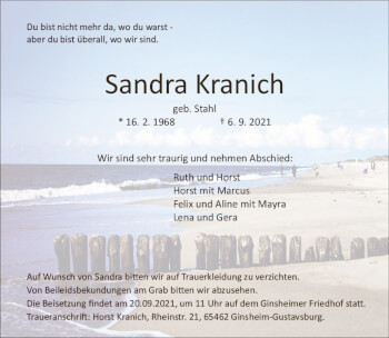Traueranzeige von Sandra Kranich von vrm-trauer