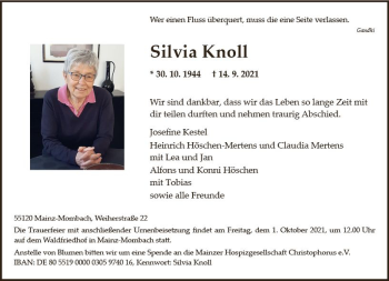 Traueranzeige von Silvia Knoll von vrm-trauer