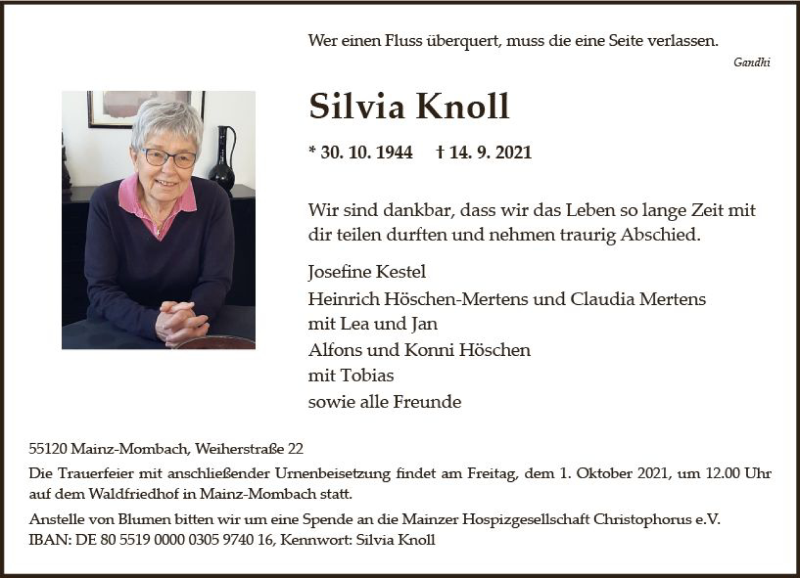  Traueranzeige für Silvia Knoll vom 25.09.2021 aus vrm-trauer