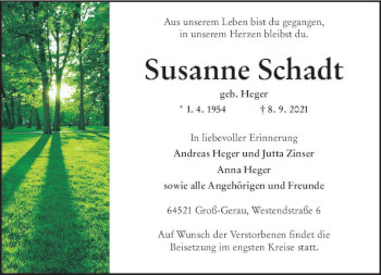 Traueranzeige von Susanne Schadt von vrm-trauer