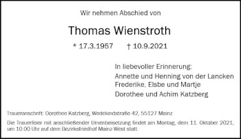 Traueranzeige von Thomas Wienstroth von vrm-trauer