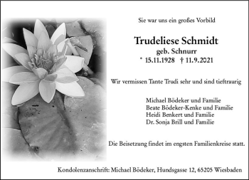 Traueranzeige von Trudeliese Schmidt von vrm-trauer