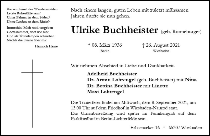  Traueranzeige für Ulrieke Buchheister vom 04.09.2021 aus vrm-trauer
