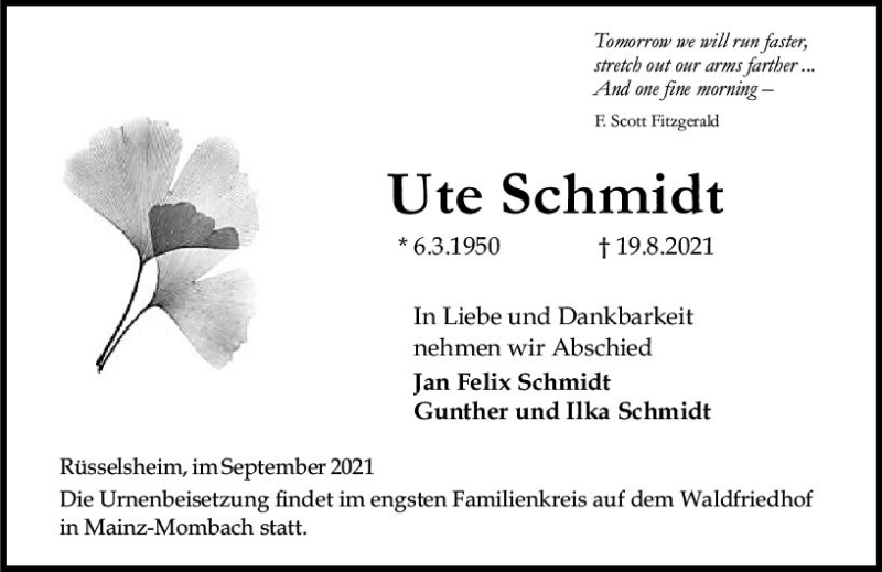  Traueranzeige für Ute Schmidt vom 11.09.2021 aus vrm-trauer