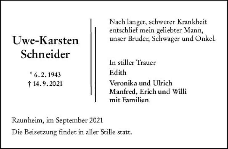  Traueranzeige für Uwe-Karsten Schneider vom 18.09.2021 aus vrm-trauer