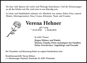 Traueranzeige von Verena Hehner von vrm-trauer
