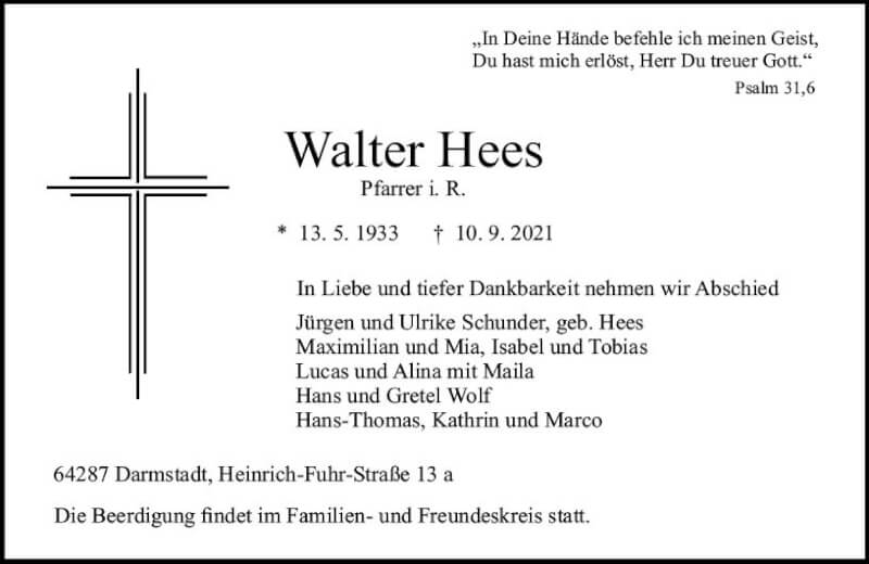  Traueranzeige für Walter Hees vom 18.09.2021 aus vrm-trauer