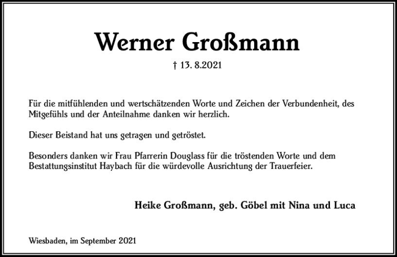  Traueranzeige für Werner Großmann vom 11.09.2021 aus vrm-trauer