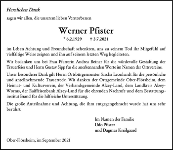 Traueranzeige von Werner Pfister von vrm-trauer