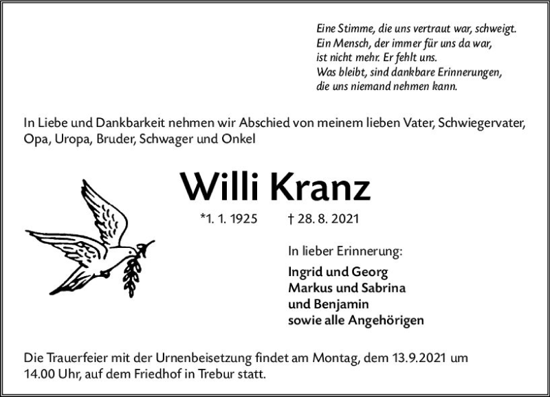  Traueranzeige für Willi Kranz vom 09.09.2021 aus vrm-trauer