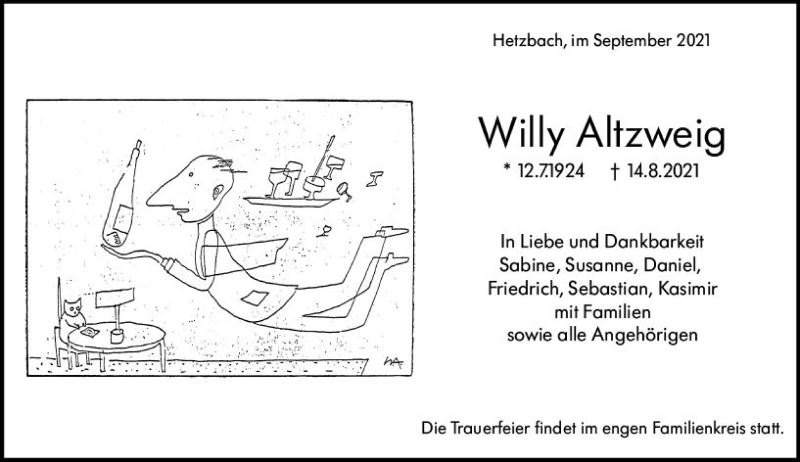  Traueranzeige für Willy Altzweig vom 04.09.2021 aus vrm-trauer