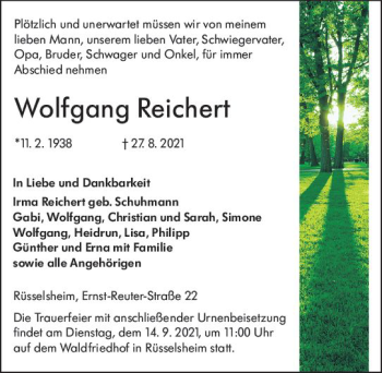 Traueranzeige von Wolfgang Reichert von vrm-trauer