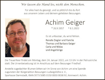 Traueranzeige von Achim Geiger von vrm-trauer Darmstädter Echo