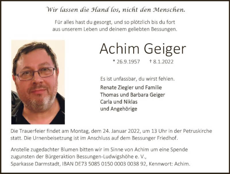  Traueranzeige für Achim Geiger vom 15.01.2022 aus vrm-trauer Darmstädter Echo