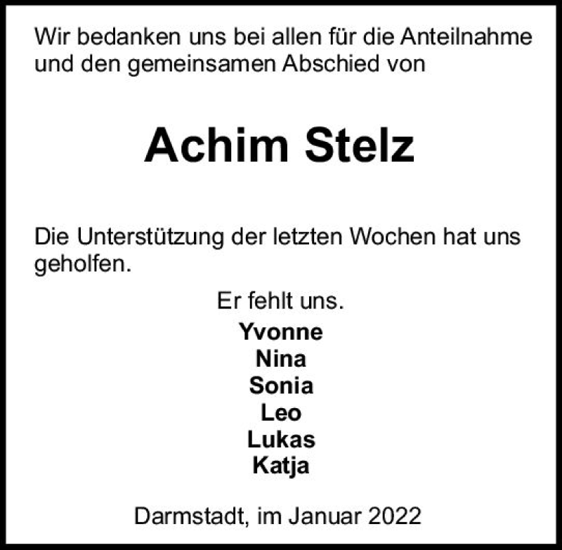  Traueranzeige für Achim Stelz vom 08.01.2022 aus vrm-trauer Darmstädter Echo