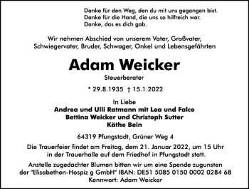 Traueranzeige von Adam Weicker von vrm-trauer Rüsselsheimer Echo / MainSpitze