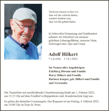 Traueranzeige von Adolf Hilkert von vrm-trauer Bürstädter/Lamperth. Ztg/Starkenburger