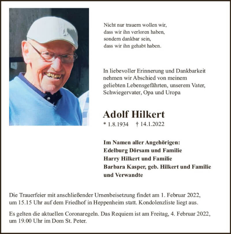  Traueranzeige für Adolf Hilkert vom 22.01.2022 aus vrm-trauer Bürstädter/Lamperth. Ztg/Starkenburger