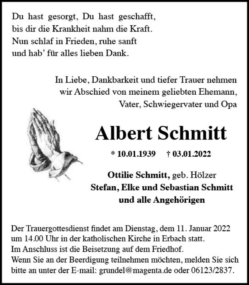  Traueranzeige für Albert Schmitt vom 08.01.2022 aus vrm-trauer Rheingau