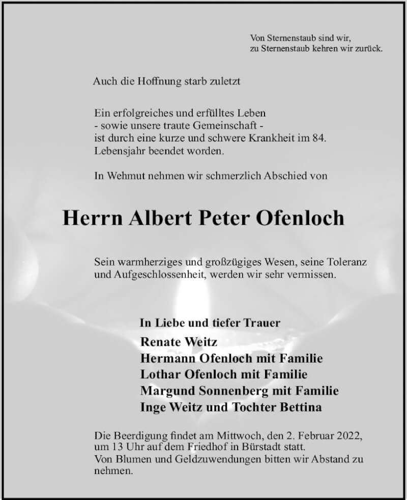  Traueranzeige für Albert Peter Ofenloch vom 29.01.2022 aus vrm-trauer Bürstädter/Lamperth. Ztg/Starkenburger