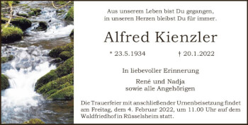 Traueranzeige von Alfred Kienzler von vrm-trauer Rüsselsheimer Echo / MainSpitze