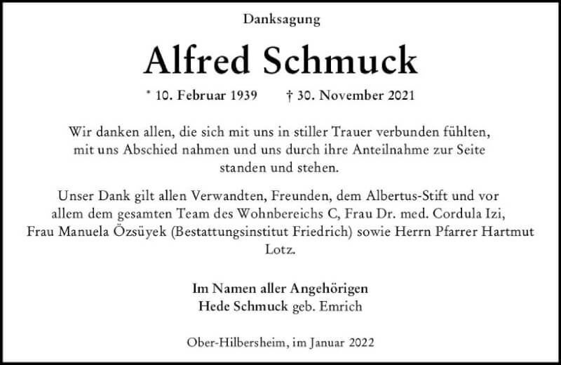  Traueranzeige für Alfred Schmuck vom 15.01.2022 aus vrm-trauer Allgemeine  Zeitung Ingelheim-Bingen