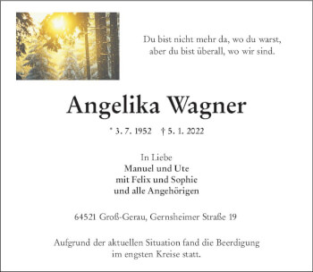 Traueranzeige von Angelika Wagner von vrm-trauer Groß-Gerauer Echo