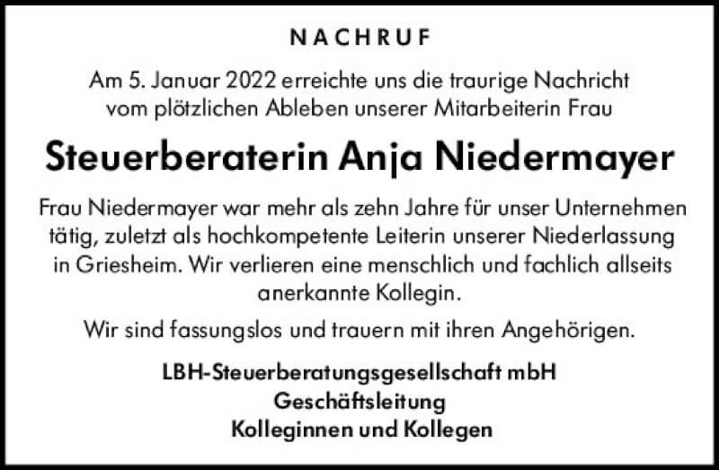  Traueranzeige für Anja Niedermayer vom 15.01.2022 aus vrm-trauer Darmstädter Echo