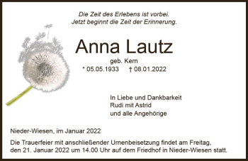 Traueranzeige von Anna Lautz von vrm-trauer Allgemeine Zeitung Alzey