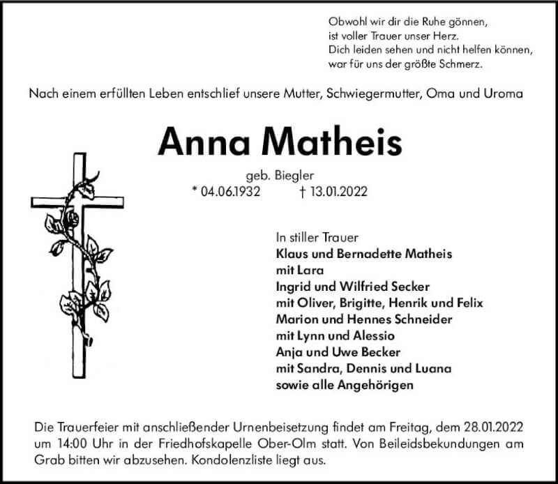  Traueranzeige für Anna Matheis vom 22.01.2022 aus vrm-trauer AZ Mainz