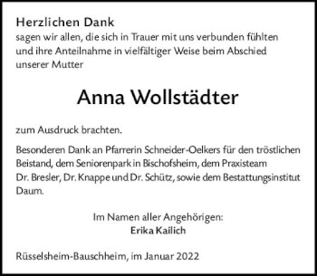 Traueranzeige von Anna Wollstädter von vrm-trauer Rüsselsheimer Echo / MainSpitze