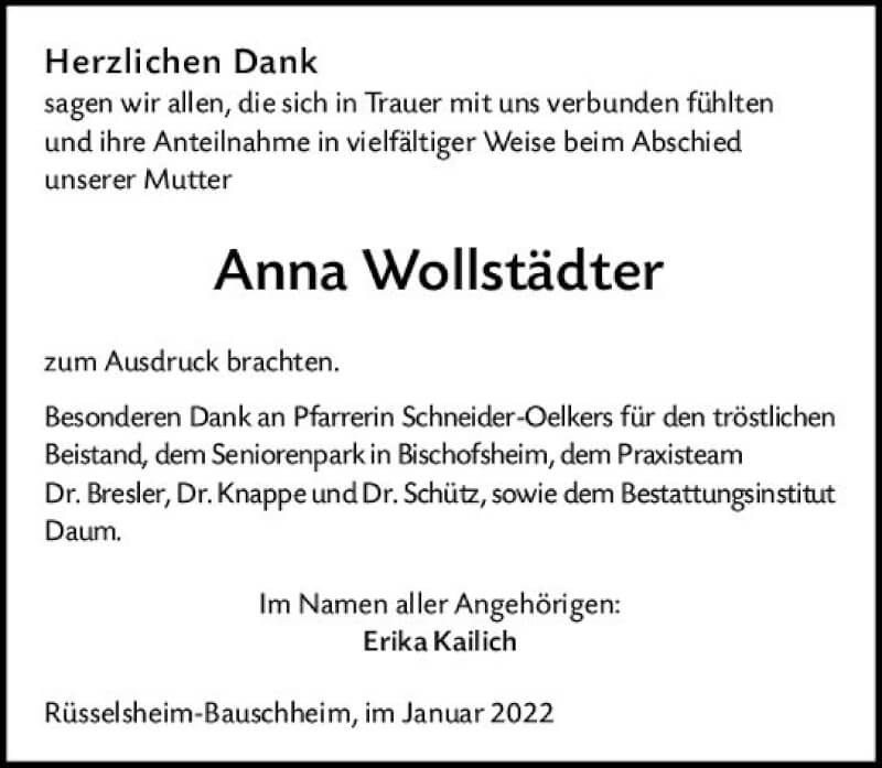  Traueranzeige für Anna Wollstädter vom 22.01.2022 aus vrm-trauer Rüsselsheimer Echo / MainSpitze