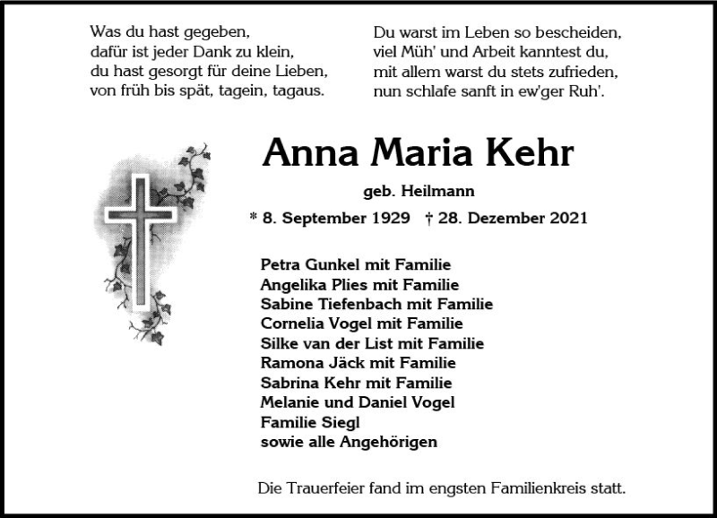  Traueranzeige für Anna Maria Kehr vom 08.01.2022 aus vrm-trauer Wiesbadener Kurier
