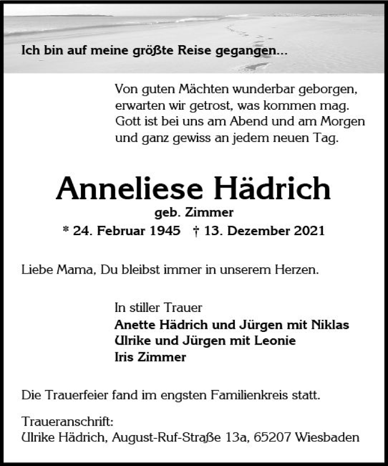  Traueranzeige für Anneliese Hädrich vom 08.01.2022 aus vrm-trauer Wiesbadener Kurier