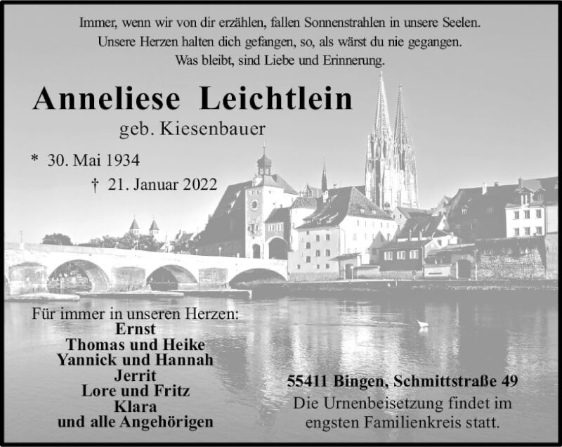  Traueranzeige für Anneliese Leichtlein vom 29.01.2022 aus vrm-trauer Allgemeine  Zeitung Ingelheim-Bingen