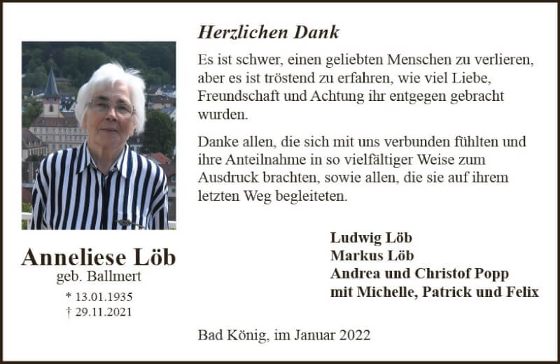  Traueranzeige für Anneliese Löb vom 15.01.2022 aus vrm-trauer Odenwälder Echo